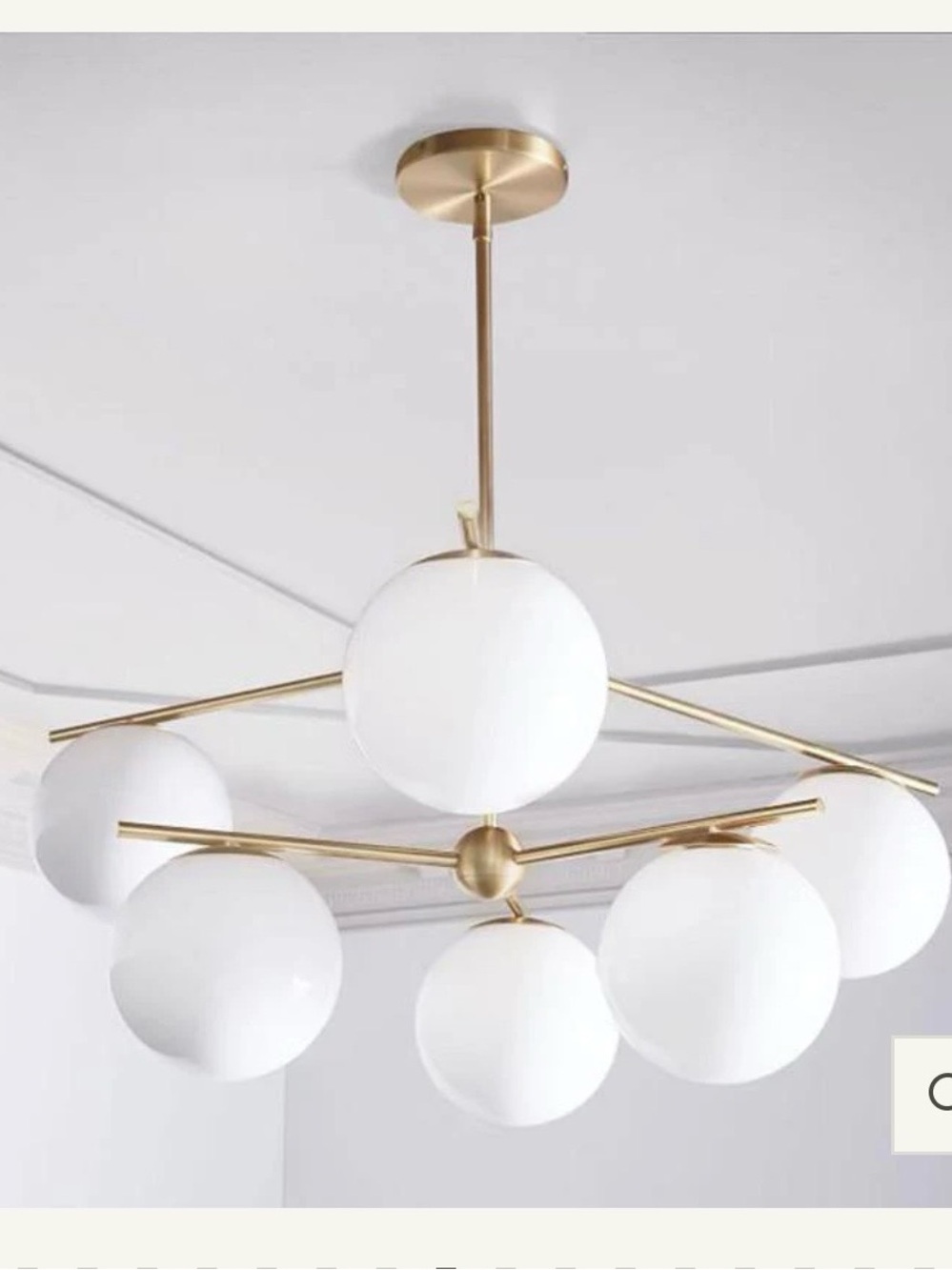 NIB Modern Brass 6-Globe Chandelier with White Glass Shades